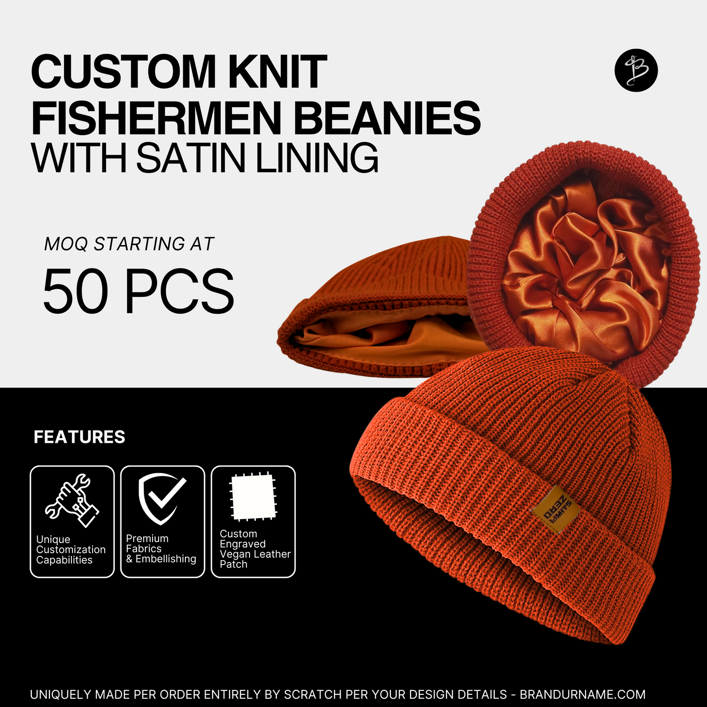 Beanie Wholesaler in the USA, Custom Fisherman Beanies, Satin lined beanies, - BRANDURNAME